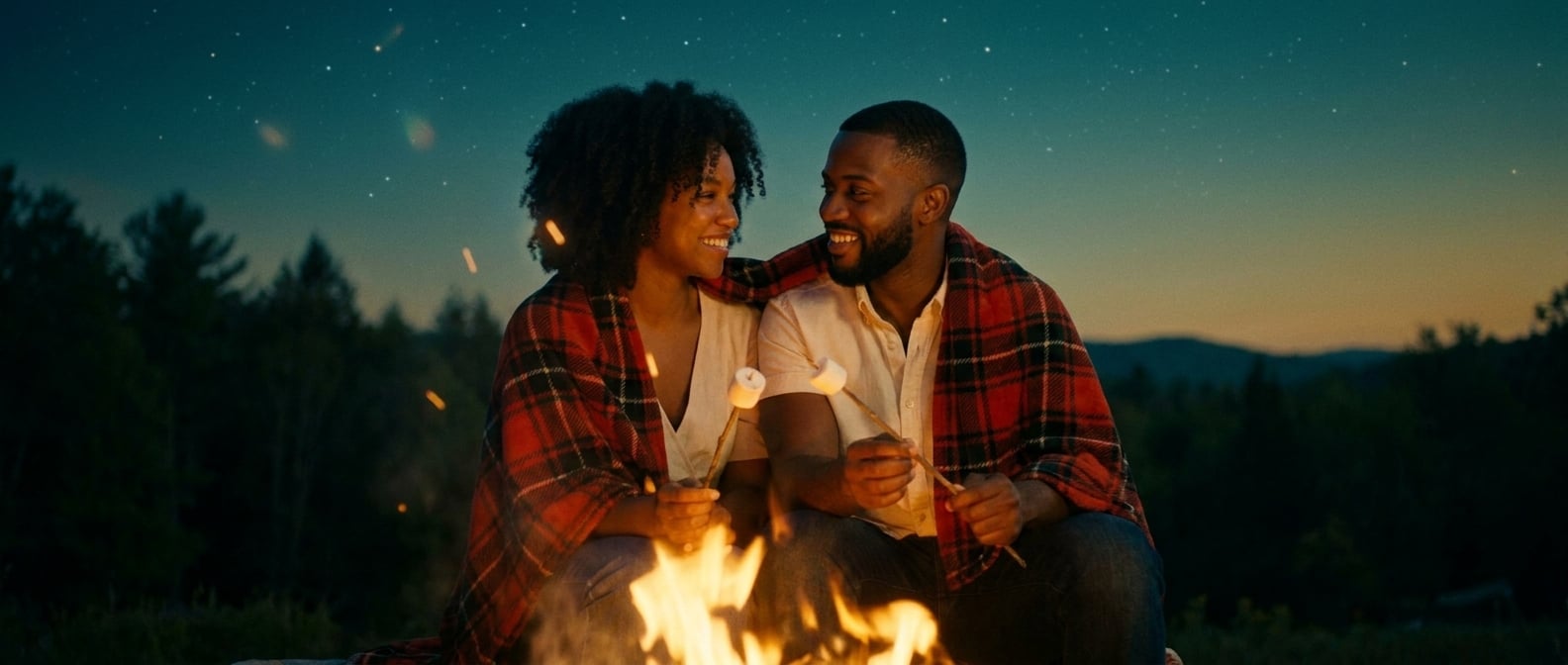 Using the reference image of this couple — preserve their faces, hair, skin tones, and body types. This is a pre-wedding / engagement / dating photo, NOT a wedding ceremony.

Same young Black couple f