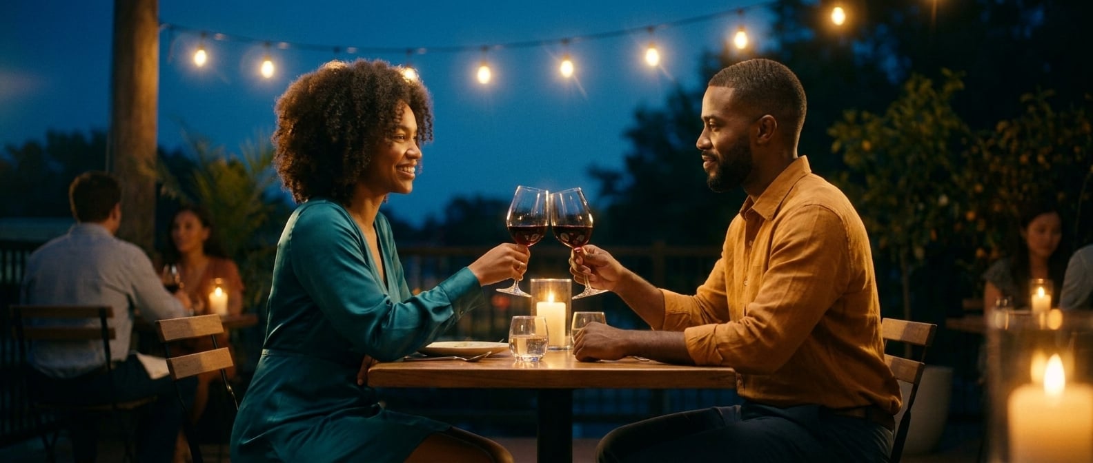 Using the reference image of this couple — preserve their faces, hair, skin tones, and body types. This is a pre-wedding / engagement / dating photo, NOT a wedding ceremony.

Same young Black couple f