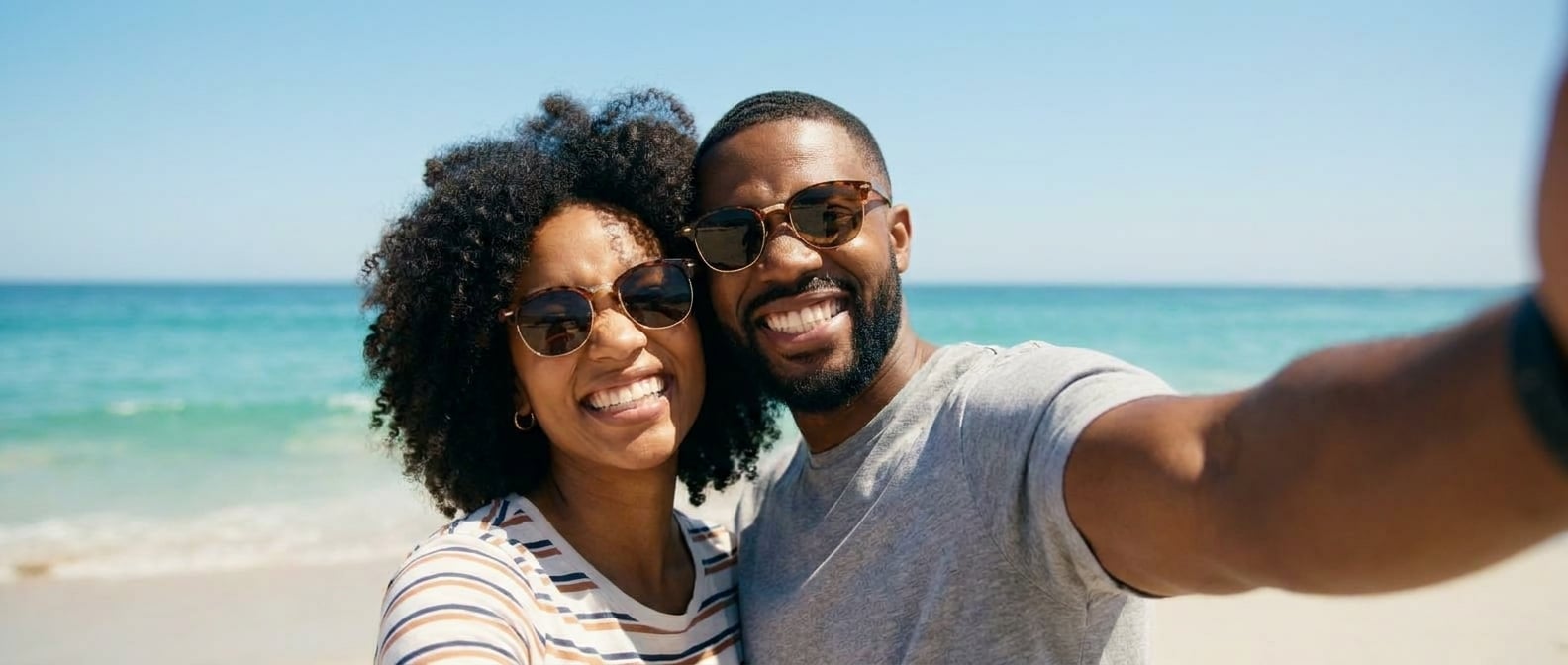 Using the reference image of this couple — preserve their faces, hair, skin tones, and body types. This is a casual, candid, everyday photo — NOT a wedding ceremony, NOT editorial, NOT a professional 