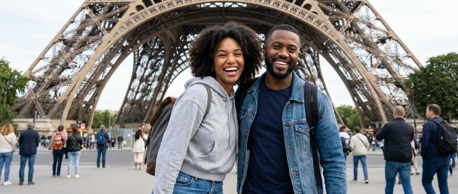 Using the reference image of this couple — preserve their faces, hair, skin tones, and body types. This is a casual, candid, everyday photo — NOT a wedding ceremony, NOT editorial, NOT a professional 