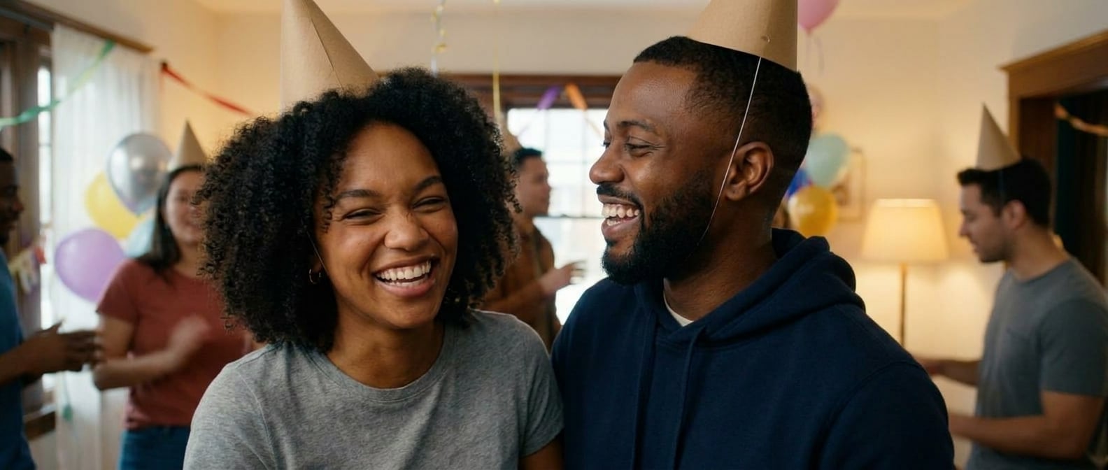 Using the reference image of this couple — preserve their faces, hair, skin tones, and body types. This is a casual, candid, everyday photo — NOT a wedding ceremony, NOT editorial, NOT a professional 