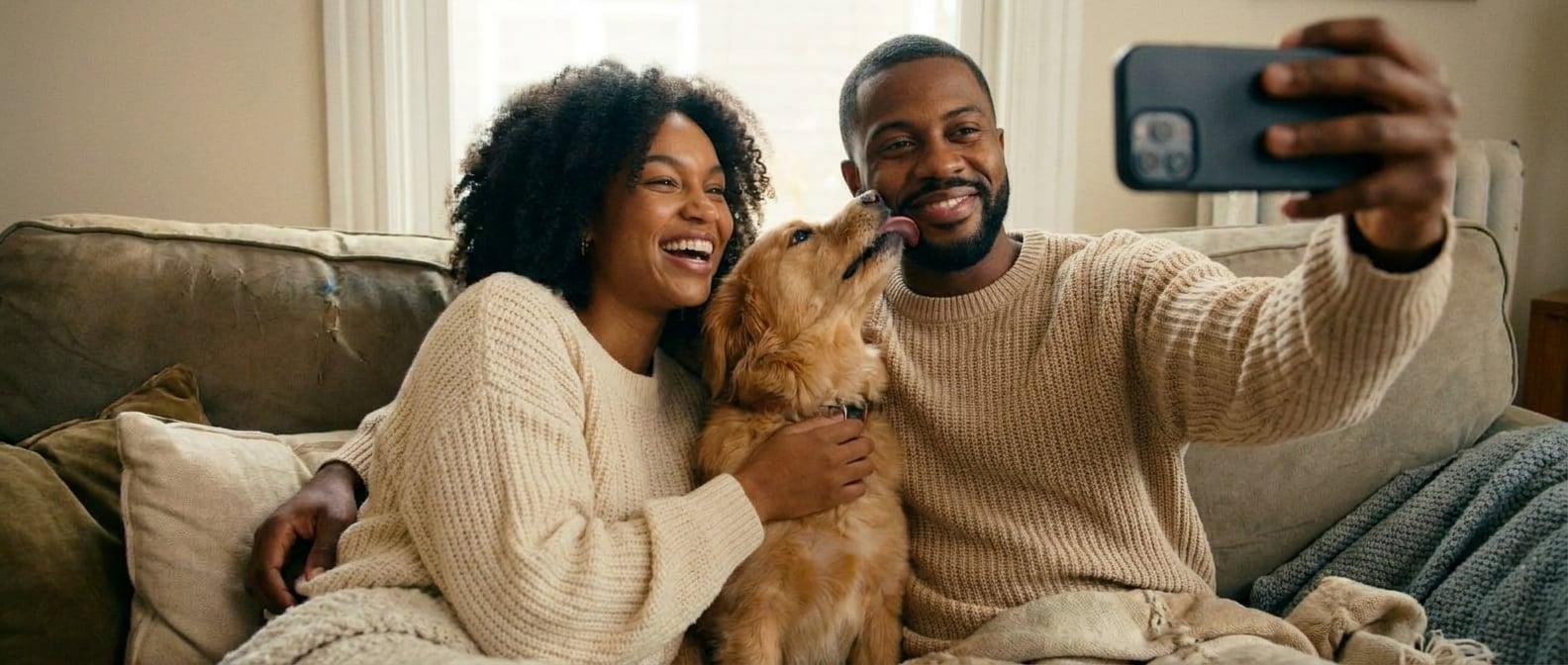 Using the reference image of this couple — preserve their faces, hair, skin tones, and body types. This is a casual, candid, everyday photo — NOT a wedding ceremony, NOT editorial, NOT a professional 