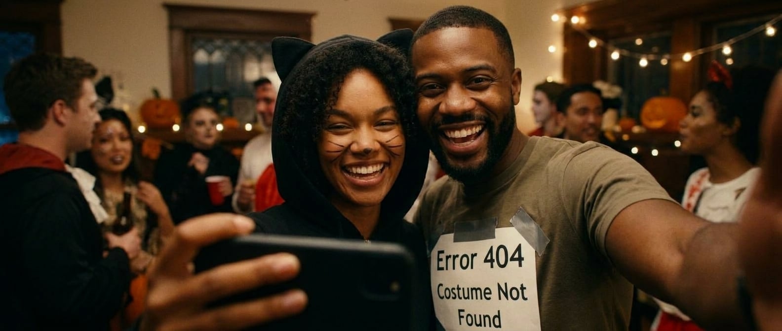 Using the reference image of this couple — preserve their faces, hair, skin tones, and body types. This is a casual, candid, everyday photo — NOT a wedding ceremony, NOT editorial, NOT a professional 