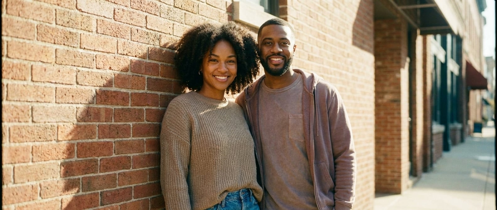 Using the reference image of this couple — preserve their faces, hair, skin tones, and body types. This is a casual, candid, everyday photo — NOT a wedding ceremony, NOT editorial, NOT a professional 