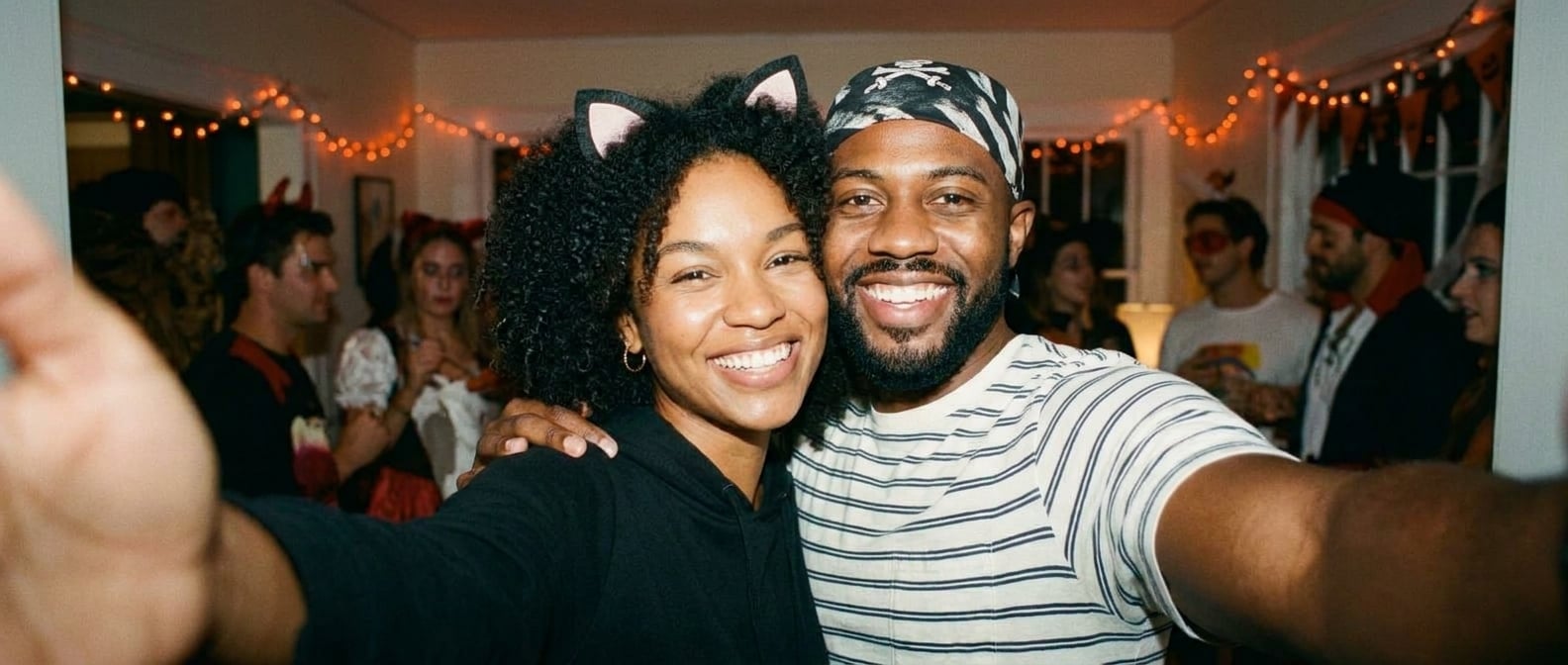 Using the reference image of this couple — preserve their faces, hair, skin tones, and body types. This is a casual, candid, everyday photo — NOT a wedding ceremony, NOT editorial, NOT a professional 