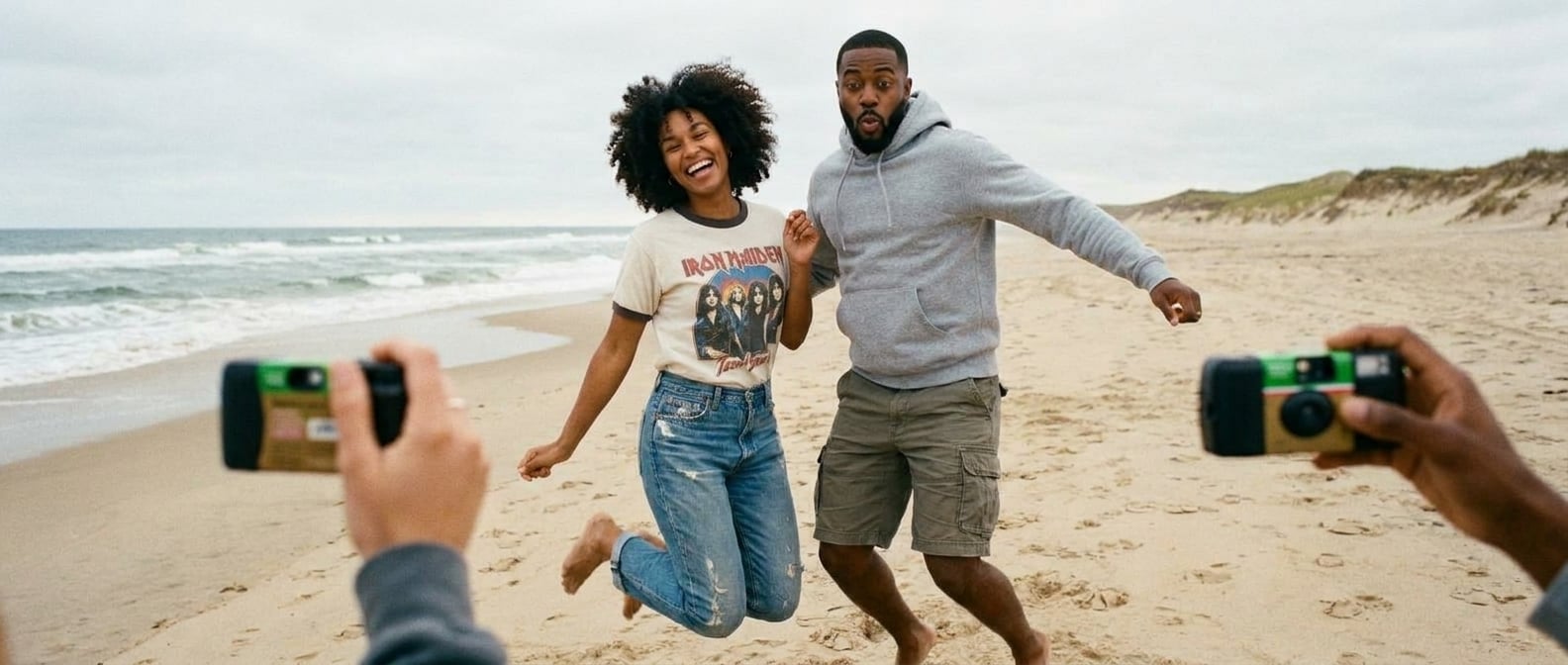 Using the reference image of this couple — preserve their faces, hair, skin tones, and body types. This is a casual, candid, everyday photo — NOT a wedding ceremony, NOT editorial, NOT a professional 
