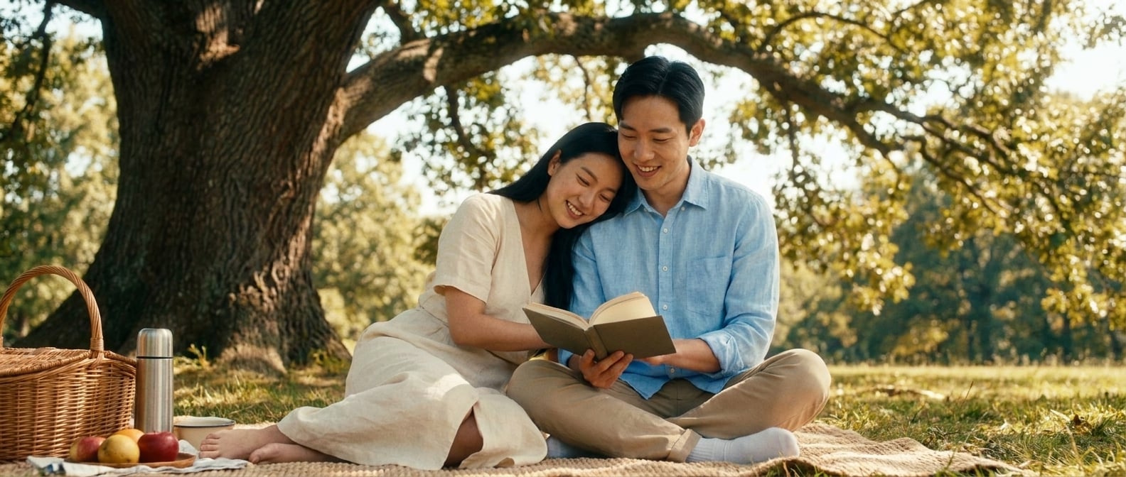 Using the reference image of this couple — preserve their faces, hair, skin tones, and body types. This is a pre-wedding / engagement / dating photo, NOT a wedding ceremony.

Same young East Asian cou