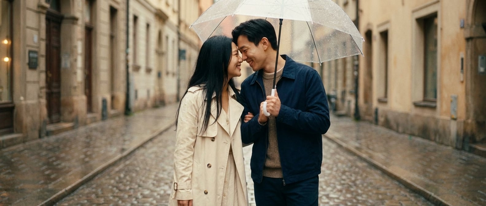 Using the reference image of this couple — preserve their faces, hair, skin tones, and body types. This is a pre-wedding / engagement / dating photo, NOT a wedding ceremony.

Same young East Asian cou