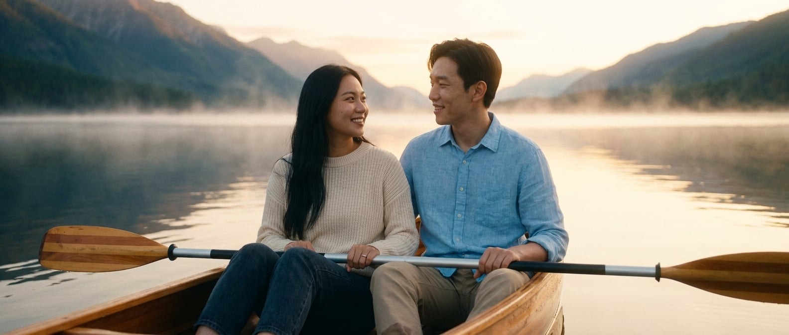 Using the reference image of this couple — preserve their faces, hair, skin tones, and body types. This is a pre-wedding / engagement / dating photo, NOT a wedding ceremony.

Same young East Asian cou