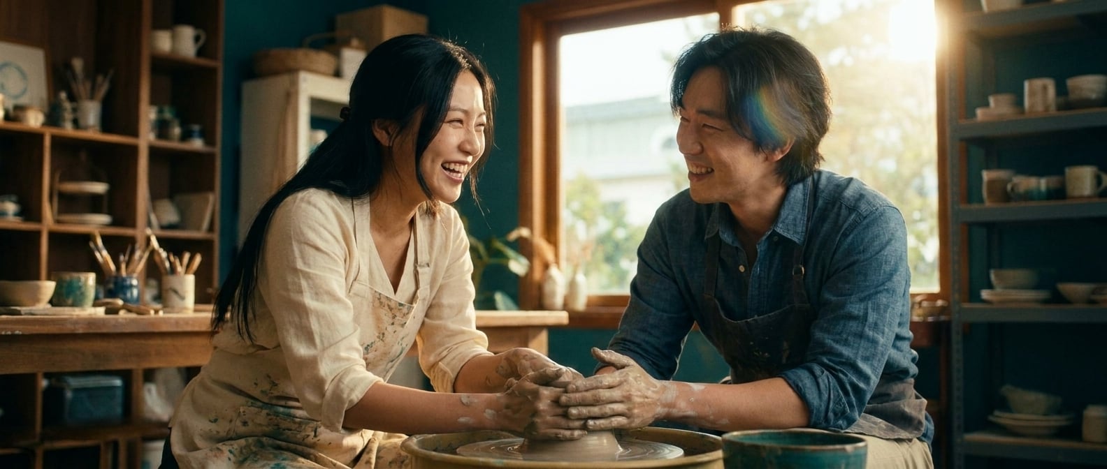 Using the reference image of this couple — preserve their faces, hair, skin tones, and body types. This is a pre-wedding / engagement / dating photo, NOT a wedding ceremony.

Same young East Asian cou