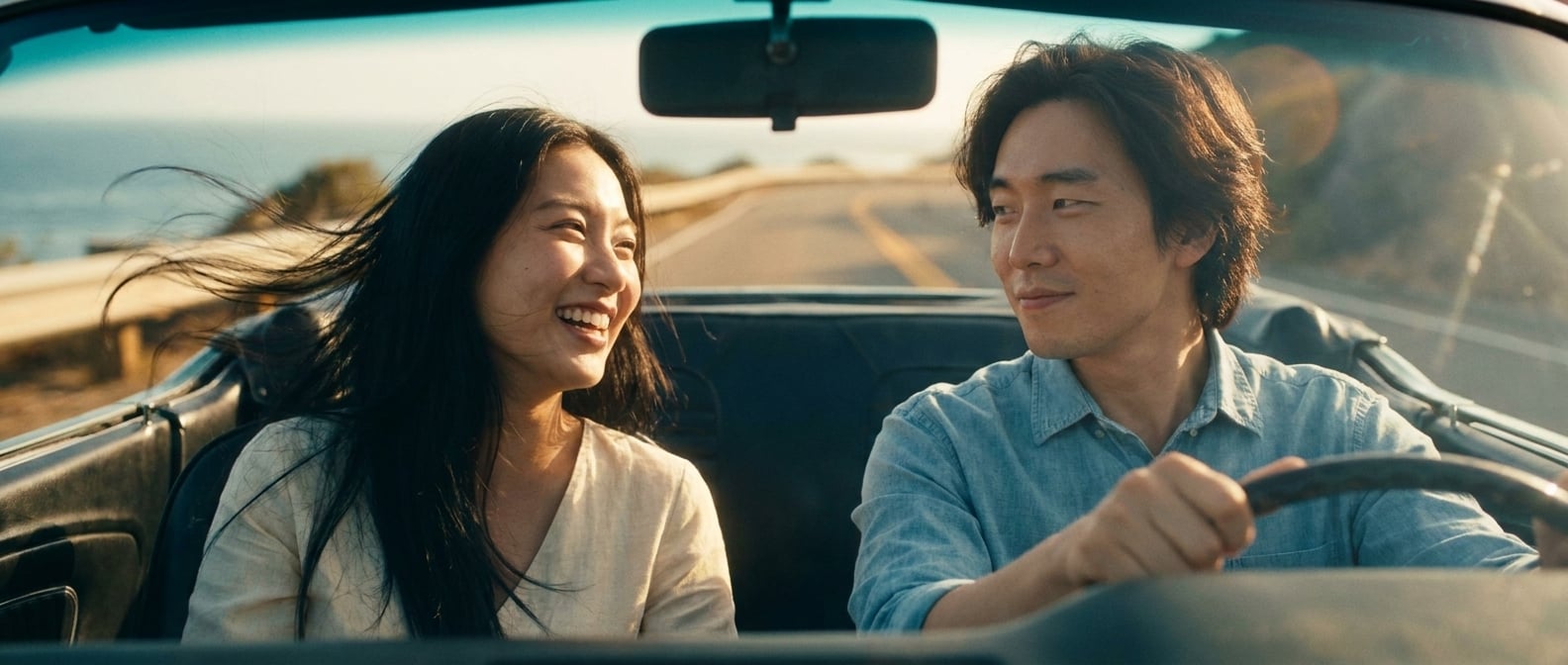 Using the reference image of this couple — preserve their faces, hair, skin tones, and body types. This is a pre-wedding / engagement / dating photo, NOT a wedding ceremony.

Same young East Asian cou