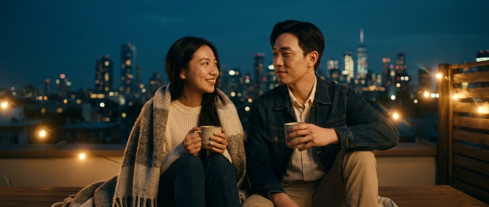 Using the reference image of this couple — preserve their faces, hair, skin tones, and body types. This is a pre-wedding / engagement / dating photo, NOT a wedding ceremony.

Same young East Asian cou