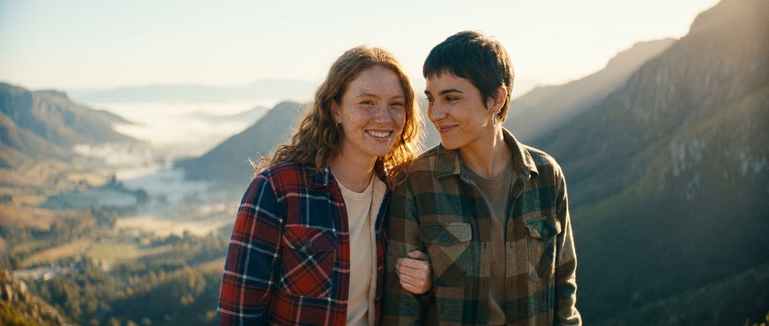Using the reference image of this couple — preserve their faces, hair, skin tones, and body types. This is a pre-wedding / engagement / dating photo, NOT a wedding ceremony.

Same young lesbian couple