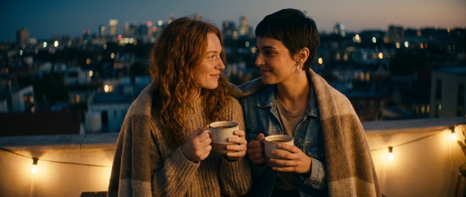Using the reference image of this couple — preserve their faces, hair, skin tones, and body types. This is a pre-wedding / engagement / dating photo, NOT a wedding ceremony.

Same young lesbian couple