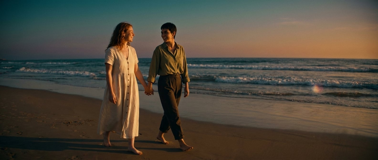 Using the reference image of this couple — preserve their faces, hair, skin tones, and body types. This is a pre-wedding / engagement / dating photo, NOT a wedding ceremony.

Same young lesbian couple