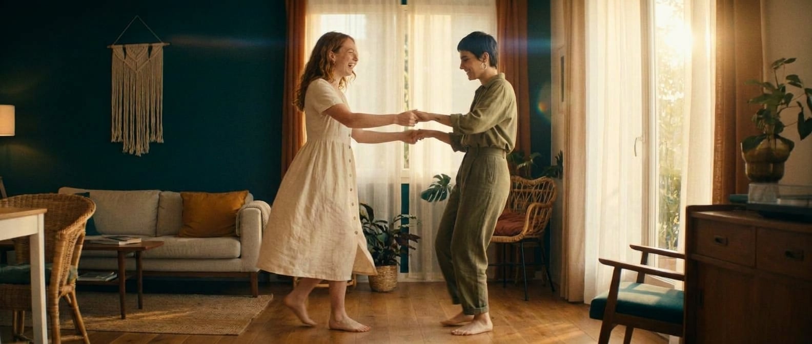 Using the reference image of this couple — preserve their faces, hair, skin tones, and body types. This is a pre-wedding / engagement / dating photo, NOT a wedding ceremony.

Same young lesbian couple
