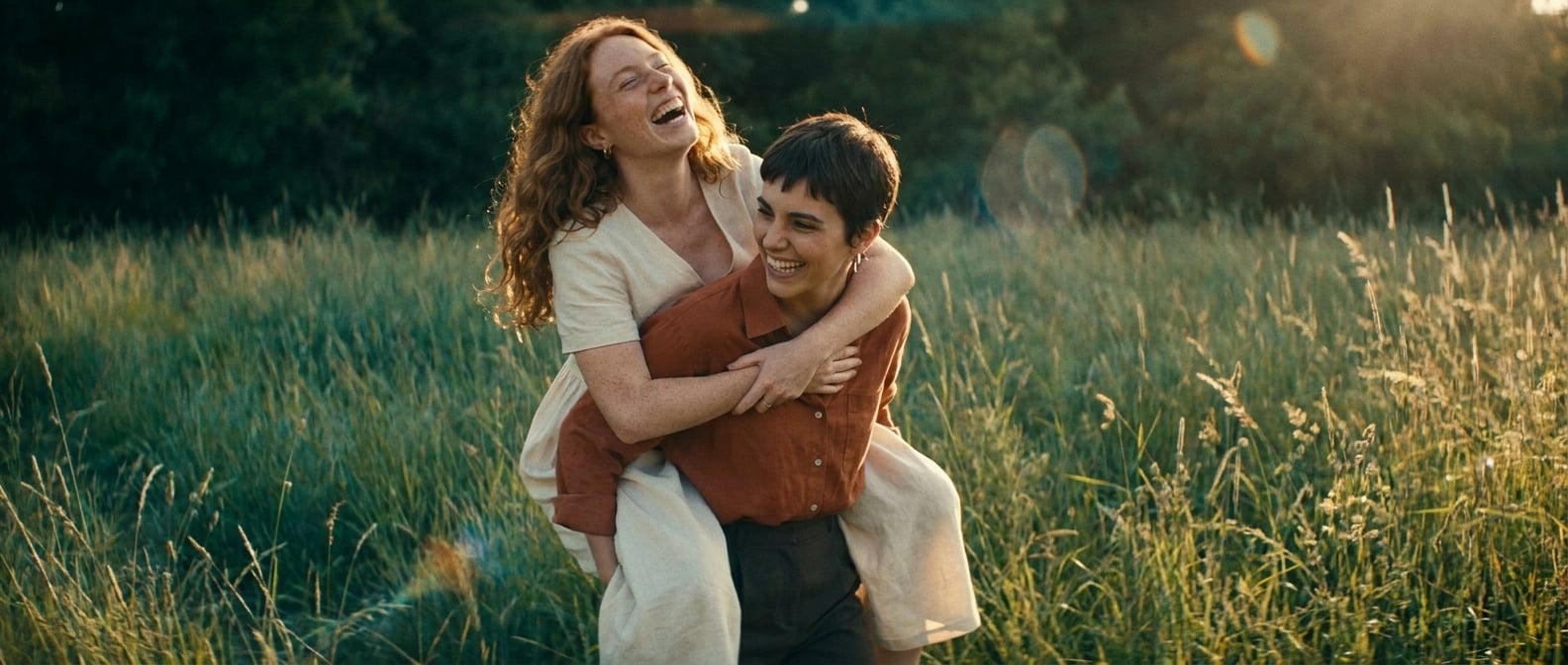 Using the reference image of this couple — preserve their faces, hair, skin tones, and body types. This is a pre-wedding / engagement / dating photo, NOT a wedding ceremony.

Same young lesbian couple