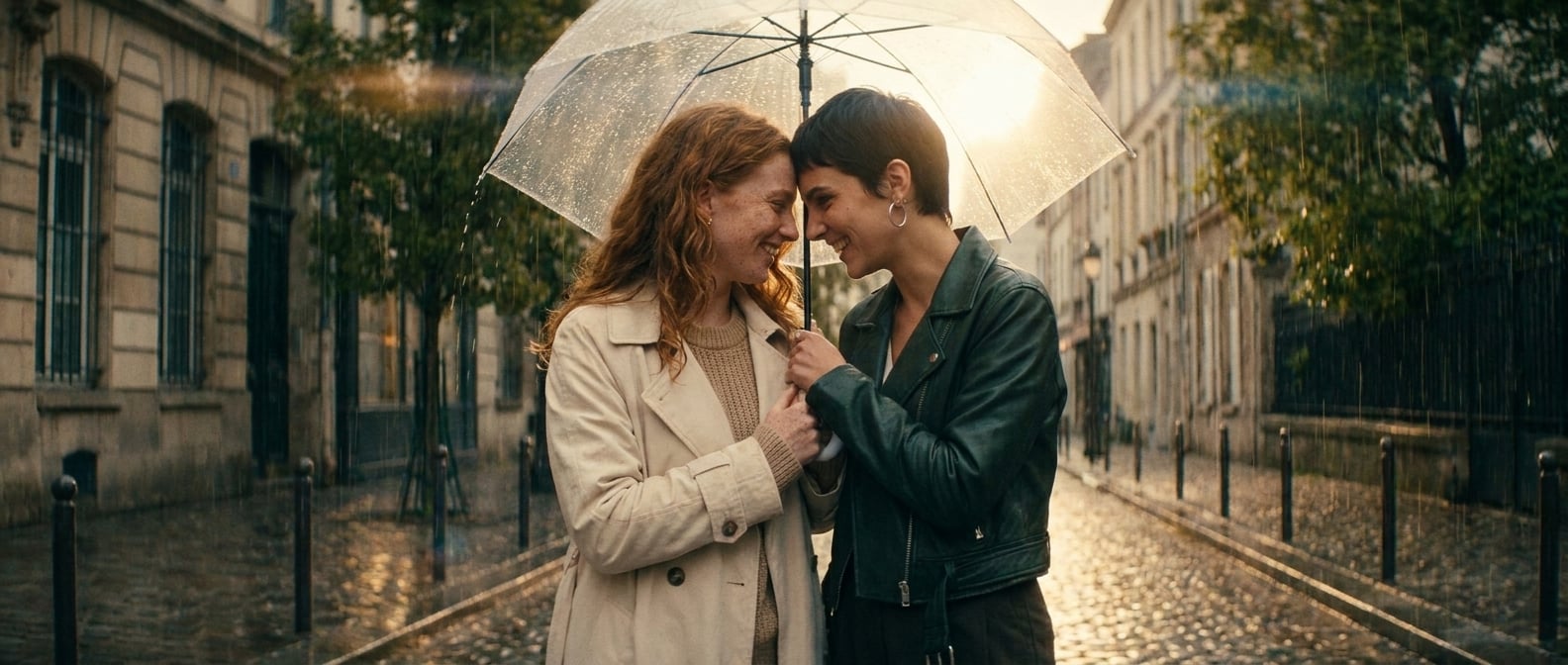 Using the reference image of this couple — preserve their faces, hair, skin tones, and body types. This is a pre-wedding / engagement / dating photo, NOT a wedding ceremony.

Same young lesbian couple