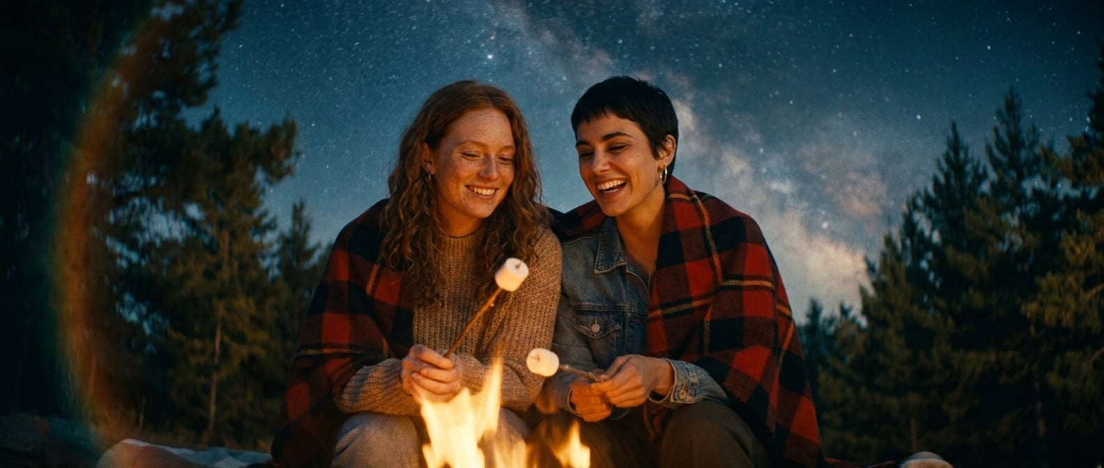 Using the reference image of this couple — preserve their faces, hair, skin tones, and body types. This is a pre-wedding / engagement / dating photo, NOT a wedding ceremony.

Same young lesbian couple