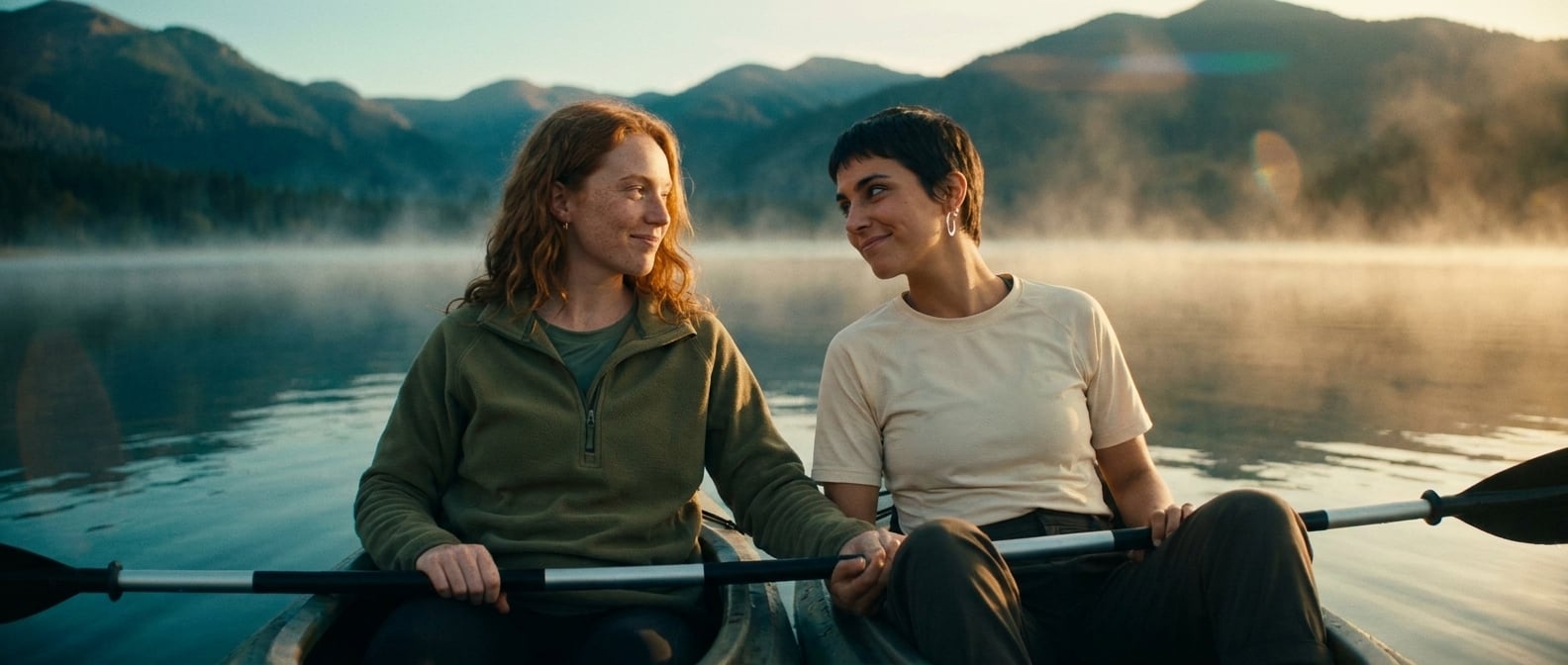 Using the reference image of this couple — preserve their faces, hair, skin tones, and body types. This is a pre-wedding / engagement / dating photo, NOT a wedding ceremony.

Same young lesbian couple