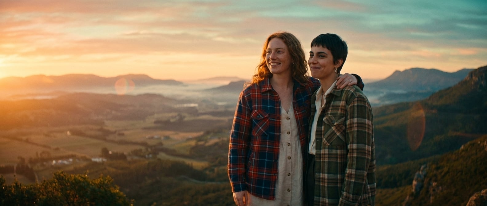 Using the reference image of this couple — preserve their faces, hair, skin tones, and body types. This is a pre-wedding / engagement / dating photo, NOT a wedding ceremony.

Same young lesbian couple