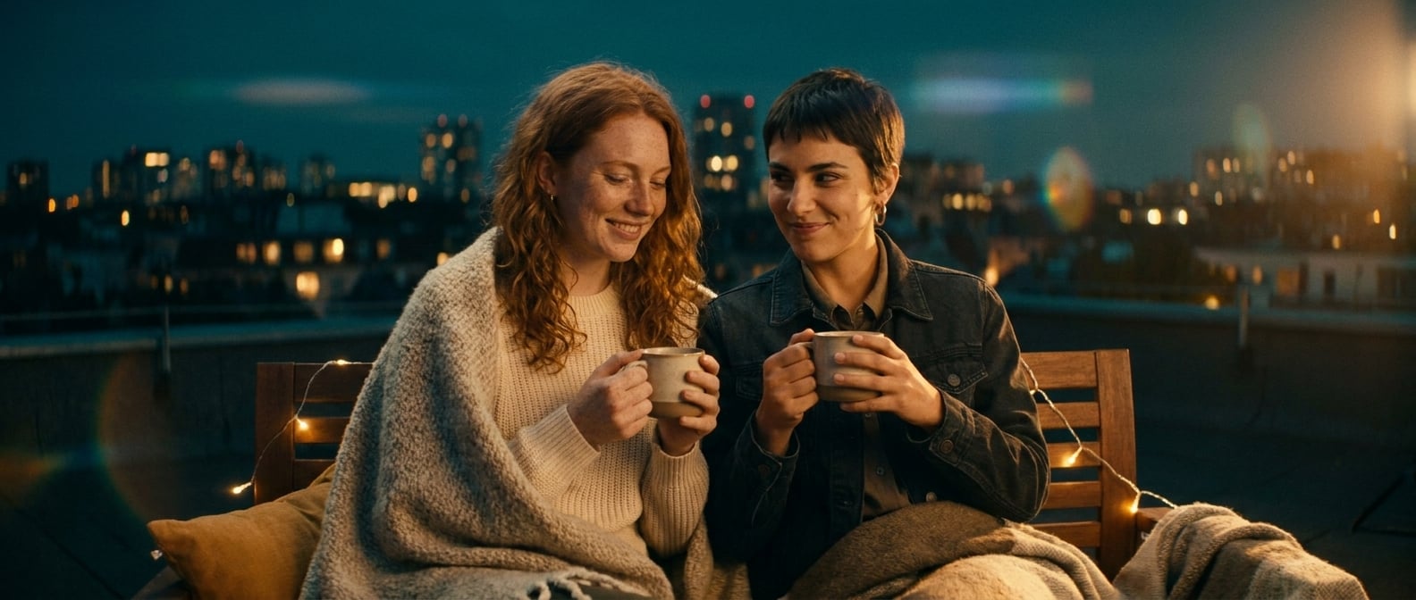 Using the reference image of this couple — preserve their faces, hair, skin tones, and body types. This is a pre-wedding / engagement / dating photo, NOT a wedding ceremony.

Same young lesbian couple
