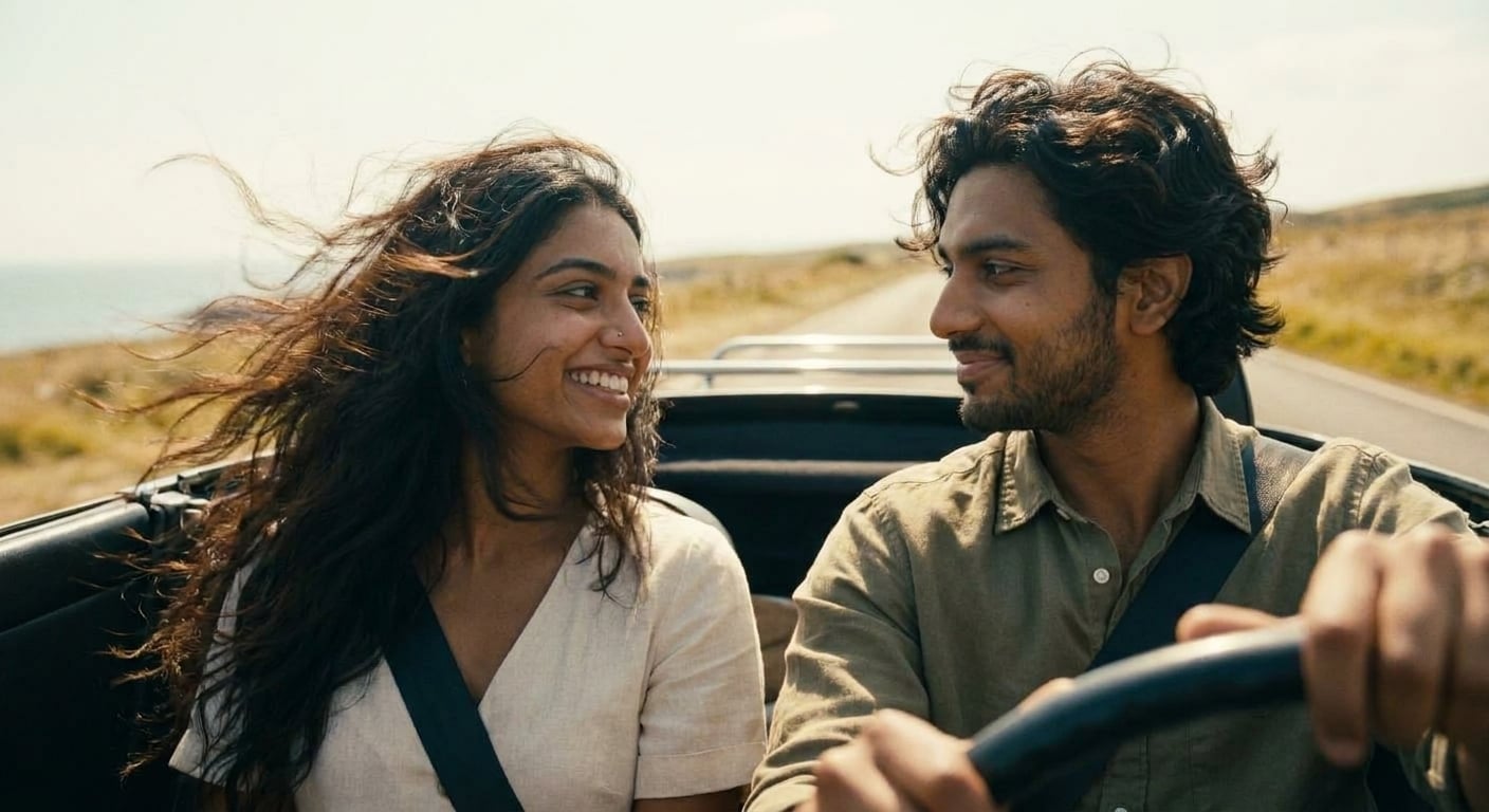 Using the reference image of this couple — preserve their faces, hair, skin tones, and body types. This is a pre-wedding / engagement / dating photo, NOT a wedding ceremony.

Same young South Asian / 