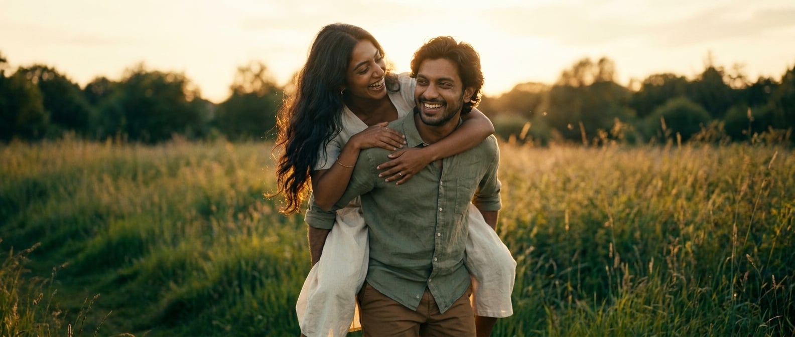 Using the reference image of this couple — preserve their faces, hair, skin tones, and body types. This is a pre-wedding / engagement / dating photo, NOT a wedding ceremony.

Same young South Asian / 