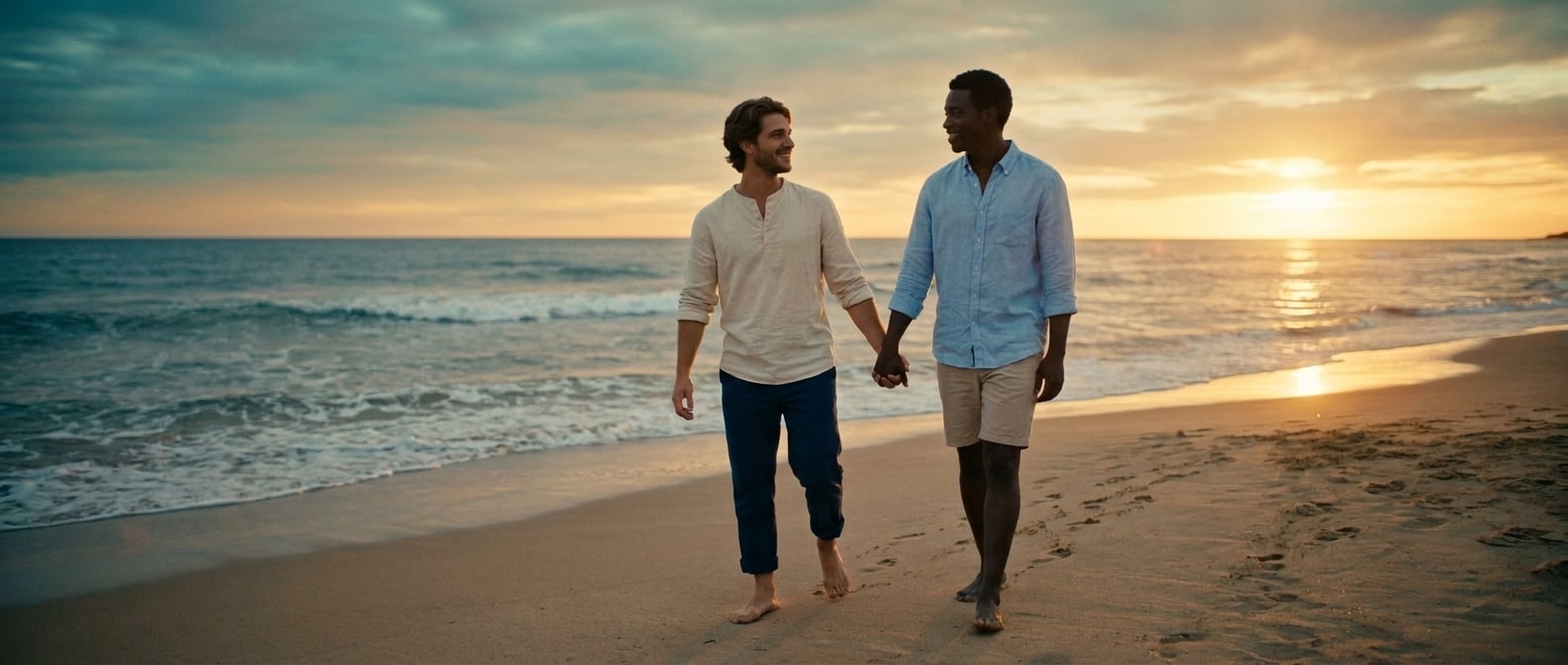 Using the reference image of this couple — preserve their faces, hair, skin tones, and body types. This is a pre-wedding / engagement / dating photo, NOT a wedding ceremony.

Same young gay couple fro
