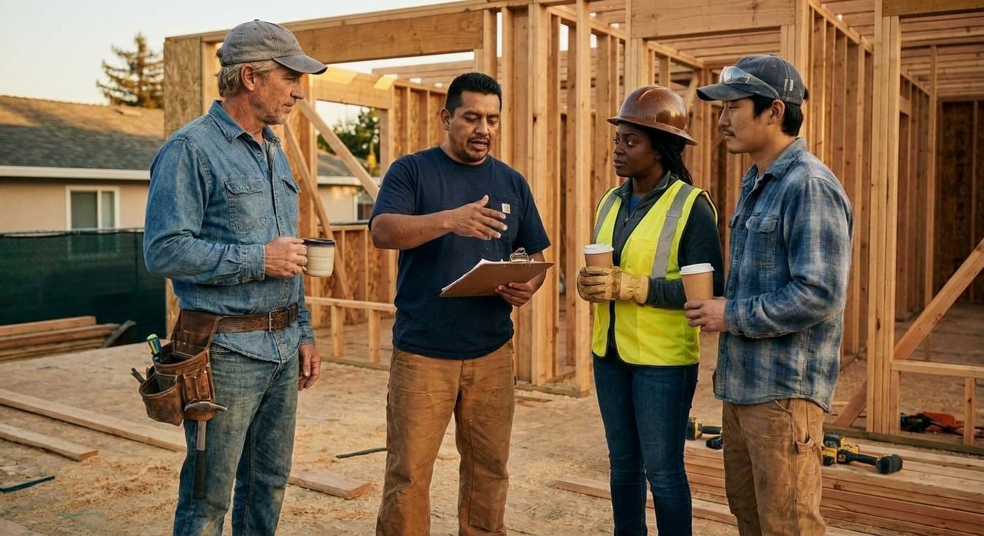 The White Wolf Homes crew on a morning site meeting