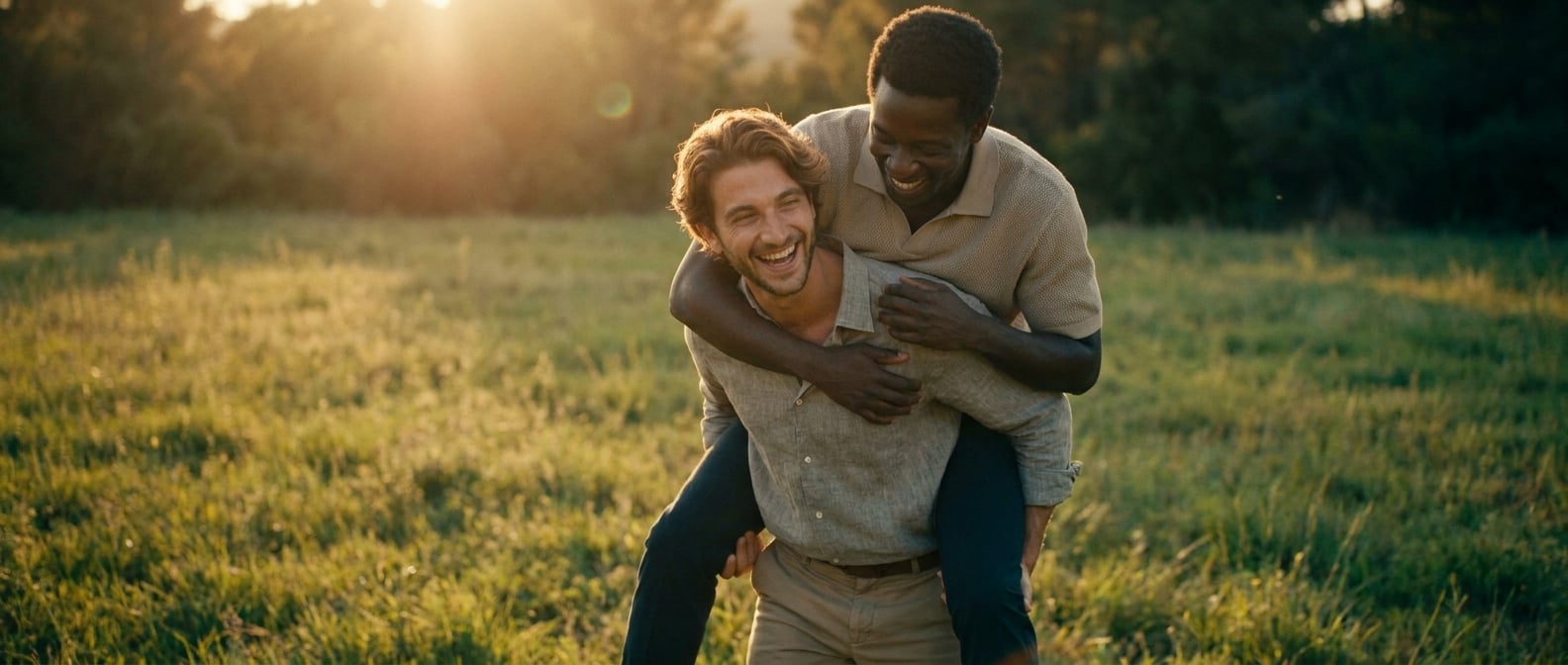 Using the reference image of this couple — preserve their faces, hair, skin tones, and body types. This is a pre-wedding / engagement / dating photo, NOT a wedding ceremony.

Same young gay couple fro