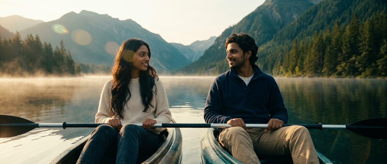 Using the reference image of this couple — preserve their faces, hair, skin tones, and body types. This is a pre-wedding / engagement / dating photo, NOT a wedding ceremony.

Same young South Asian / 