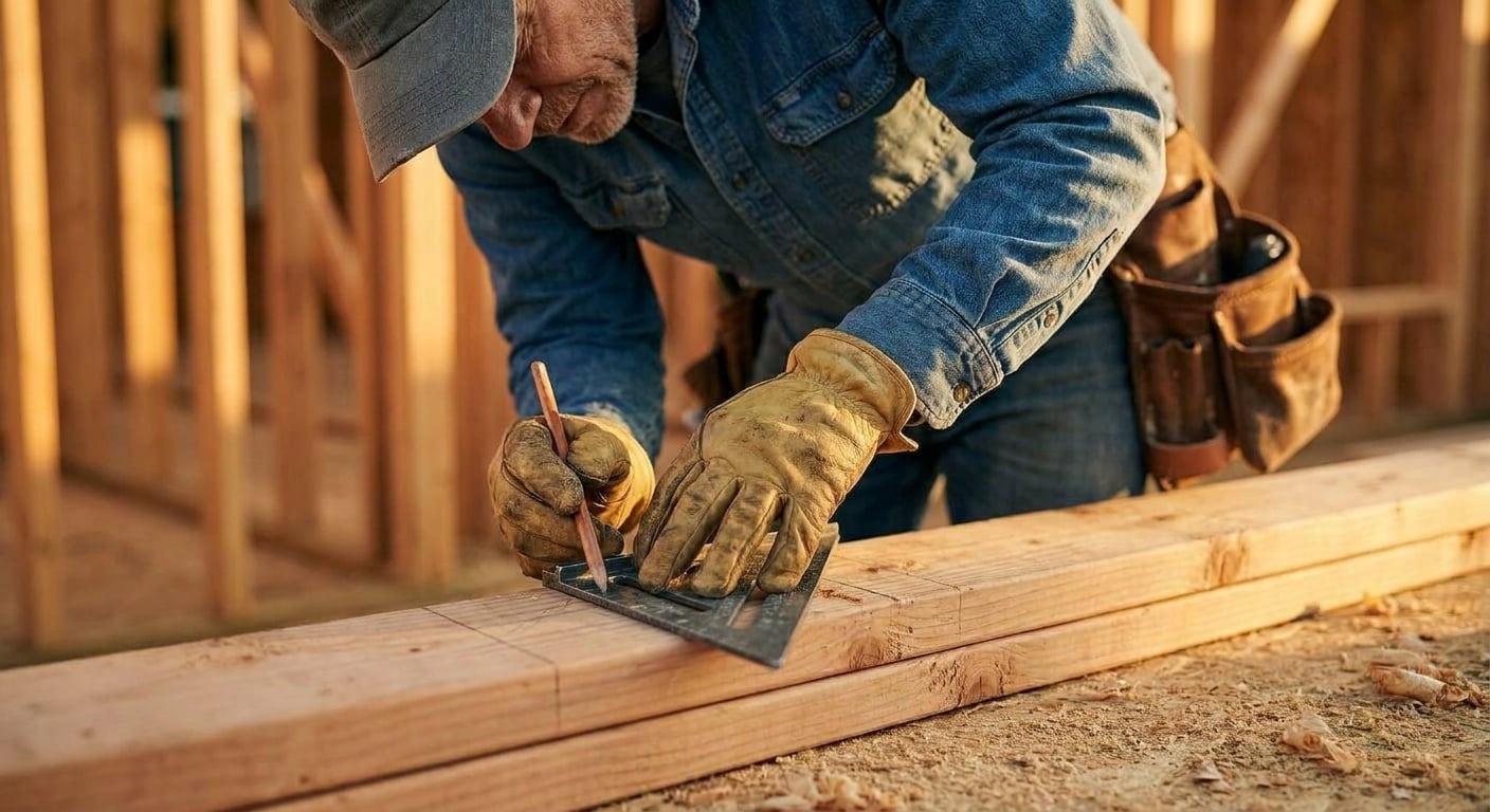 Hands holding a square and pencil on a 2x4