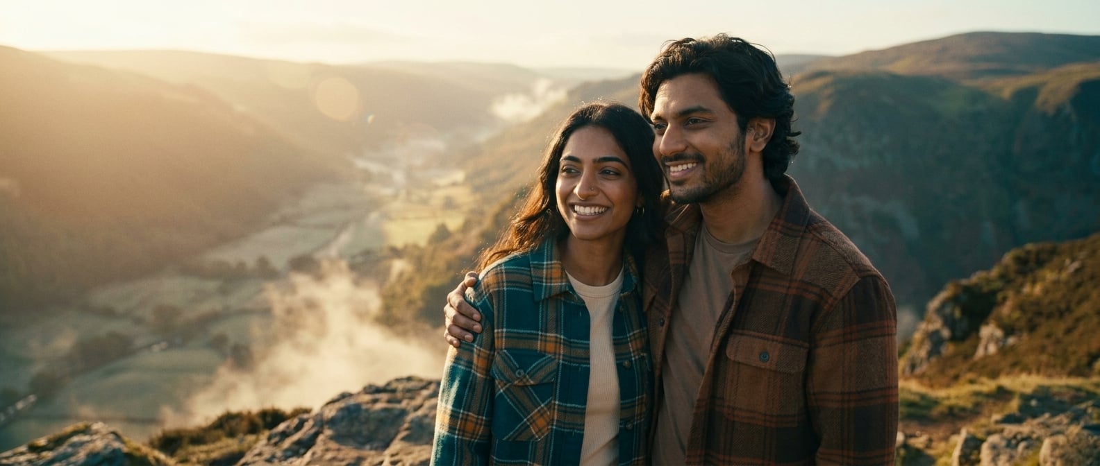 Using the reference image of this couple — preserve their faces, hair, skin tones, and body types. This is a pre-wedding / engagement / dating photo, NOT a wedding ceremony.

Same young South Asian / 