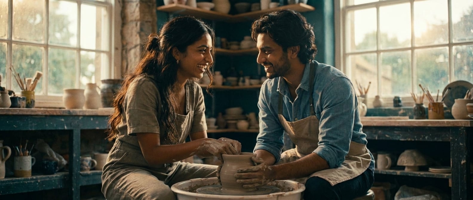 Using the reference image of this couple — preserve their faces, hair, skin tones, and body types. This is a pre-wedding / engagement / dating photo, NOT a wedding ceremony.

Same young South Asian / 