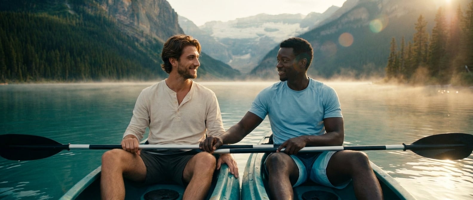 Using the reference image of this couple — preserve their faces, hair, skin tones, and body types. This is a pre-wedding / engagement / dating photo, NOT a wedding ceremony.

Same young gay couple fro