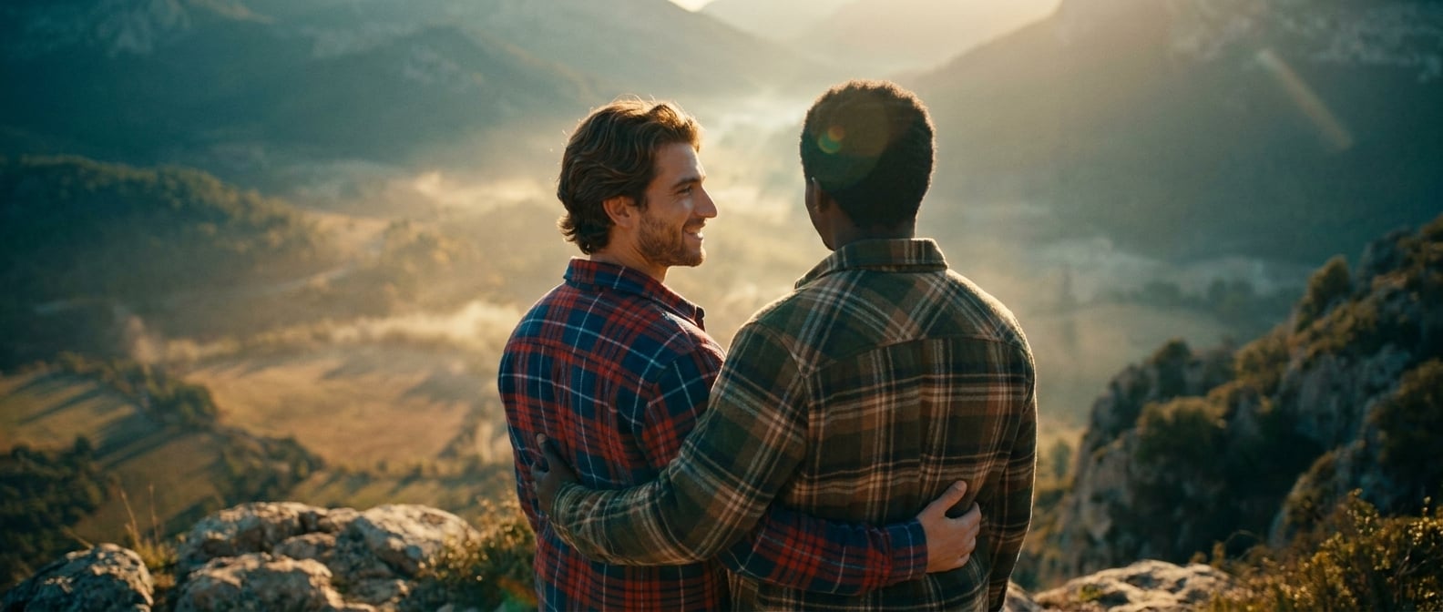 Using the reference image of this couple — preserve their faces, hair, skin tones, and body types. This is a pre-wedding / engagement / dating photo, NOT a wedding ceremony.

Same young gay couple fro
