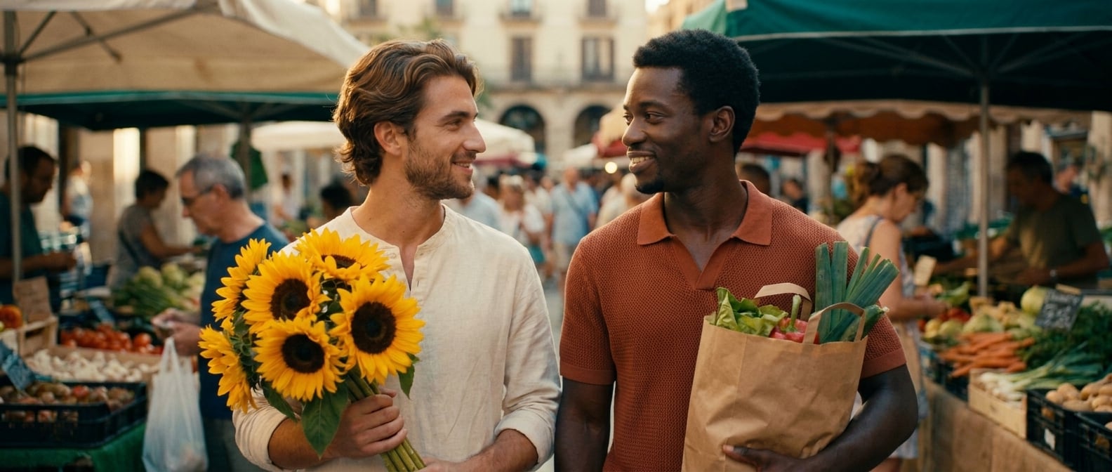 Using the reference image of this couple — preserve their faces, hair, skin tones, and body types. This is a pre-wedding / engagement / dating photo, NOT a wedding ceremony.

Same young gay couple fro