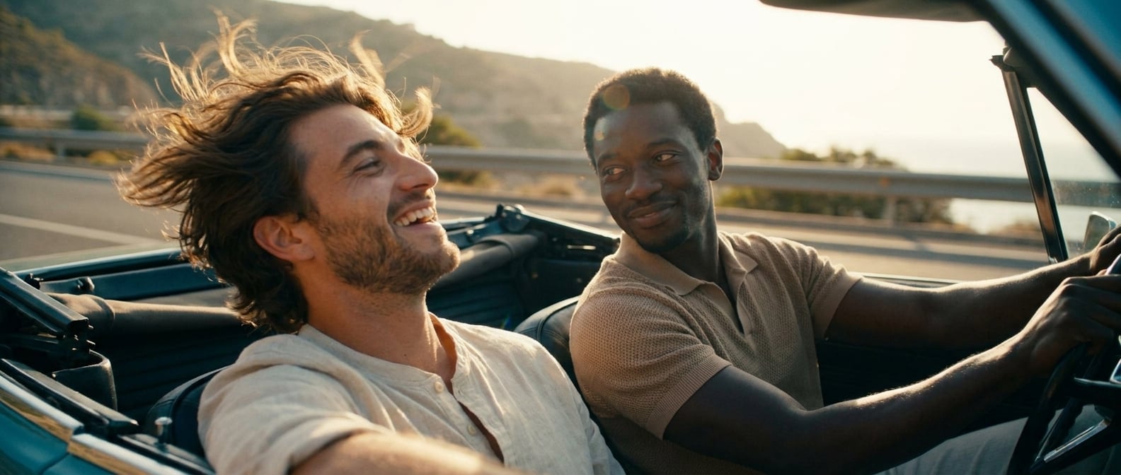 Using the reference image of this couple — preserve their faces, hair, skin tones, and body types. This is a pre-wedding / engagement / dating photo, NOT a wedding ceremony.

Same young gay couple fro