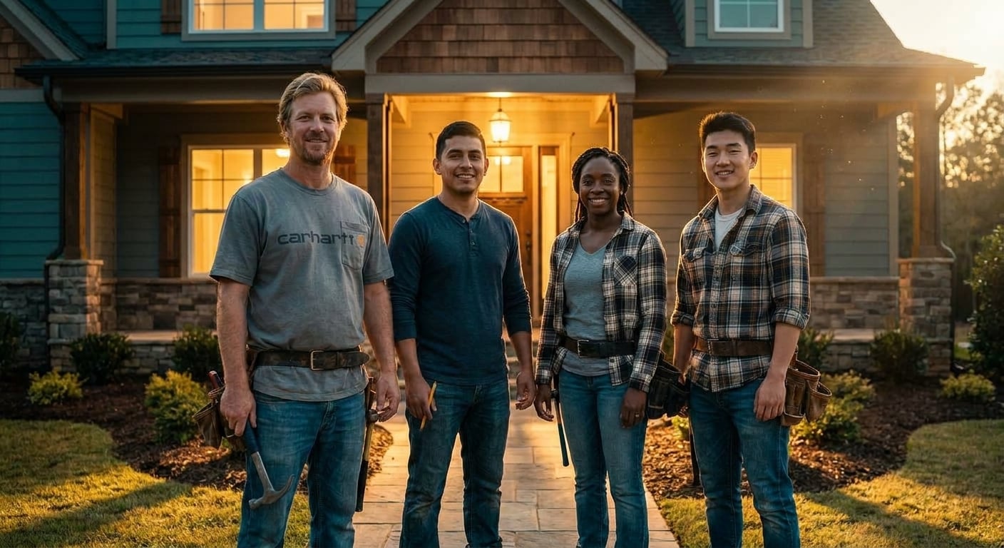 Using the reference image — preserve every person's face, hair, skin tone, and build. This is a photograph of real working tradespeople on a residential site. Same four-person residential carpentry cr