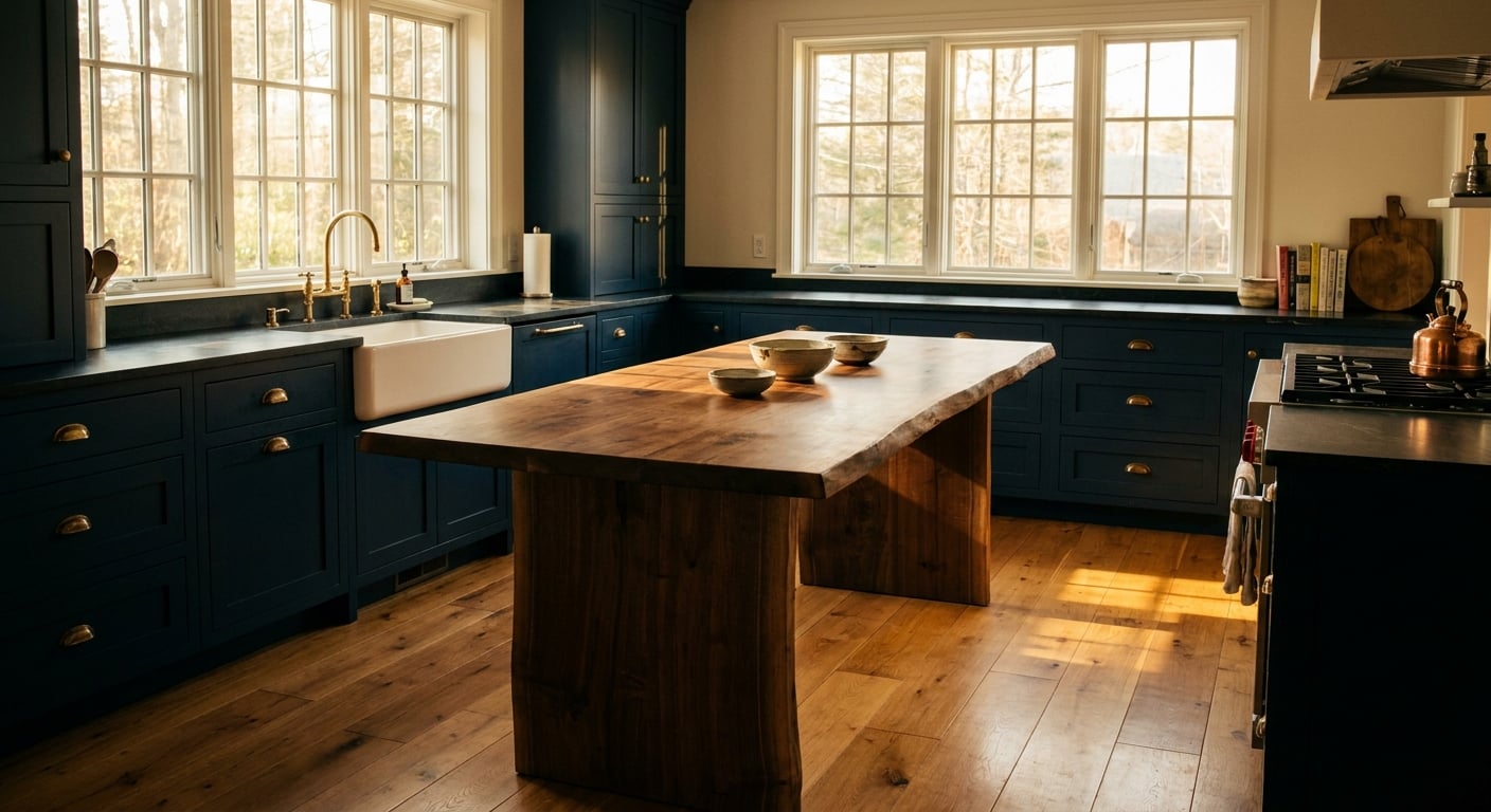 Editorial architectural photograph of a beautifully finished custom kitchen — shaker cabinets painted deep navy, brass hardware, a single slab walnut island, large farmhouse sink, warm morning light c