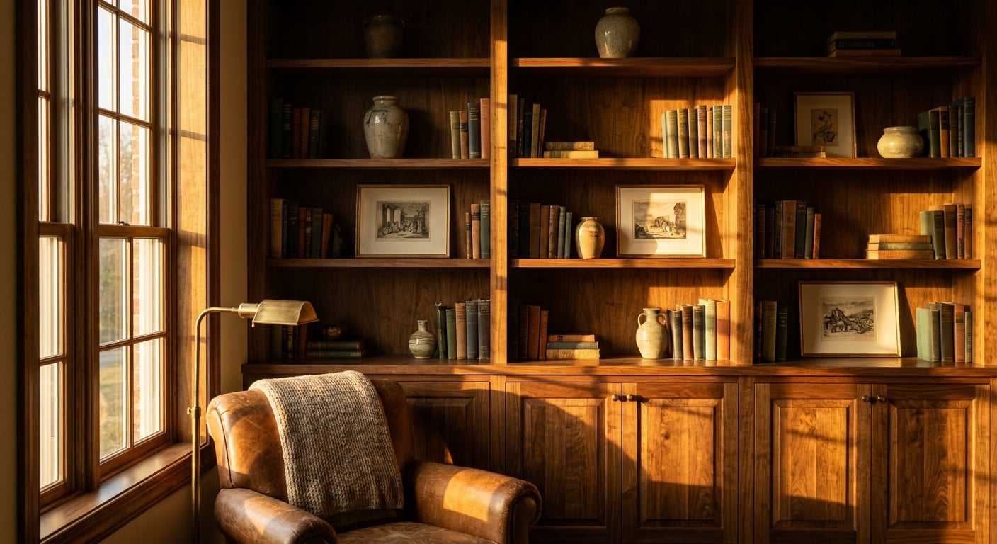 Hero architectural photograph of a floor-to-ceiling custom built-in bookshelf in a study — solid walnut construction, hand-styled books, reading lamp, leather chair in foreground corner, golden-hour l