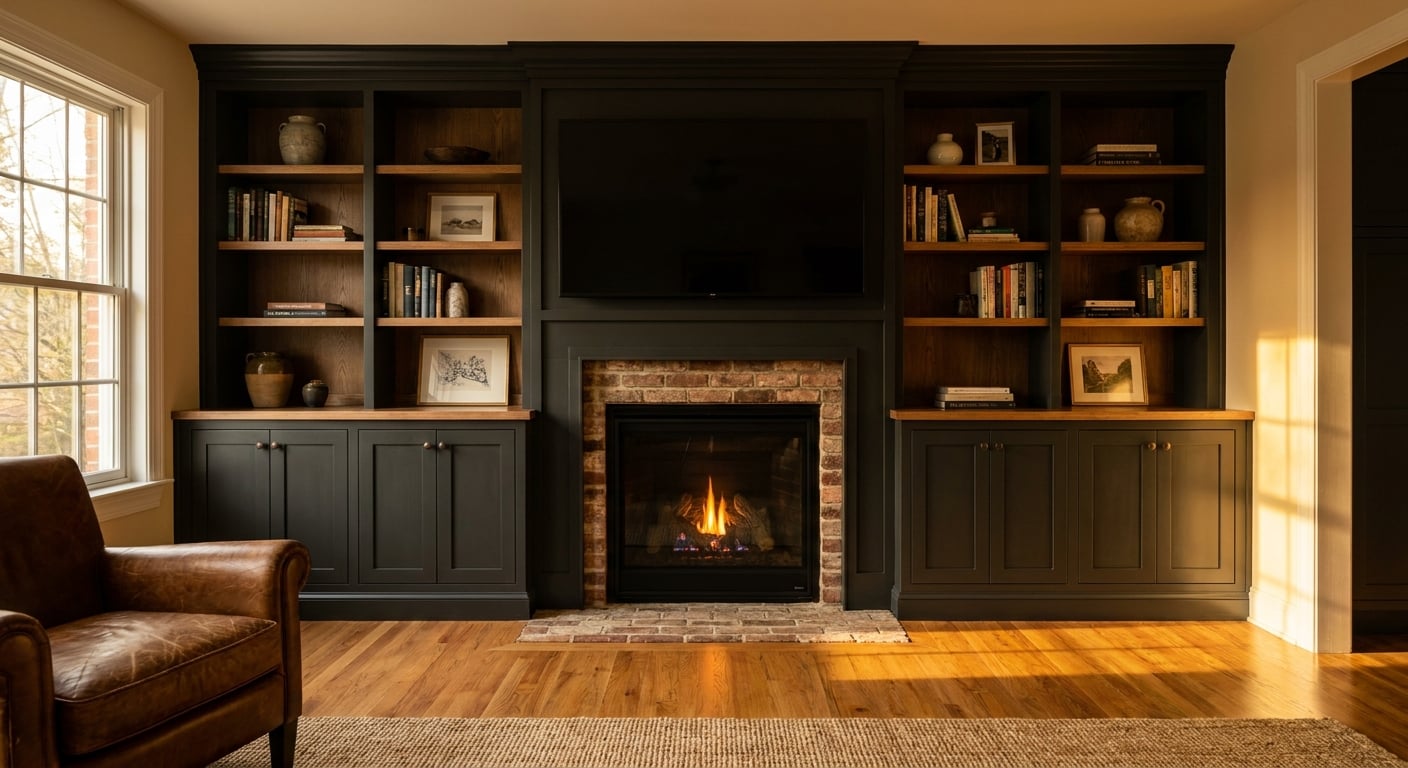 Architectural photograph of a custom built-in entertainment wall flanking a fireplace — painted shaker cabinets bottom, open display shelving top, a gas fireplace centered, hardwood floor, carefully s