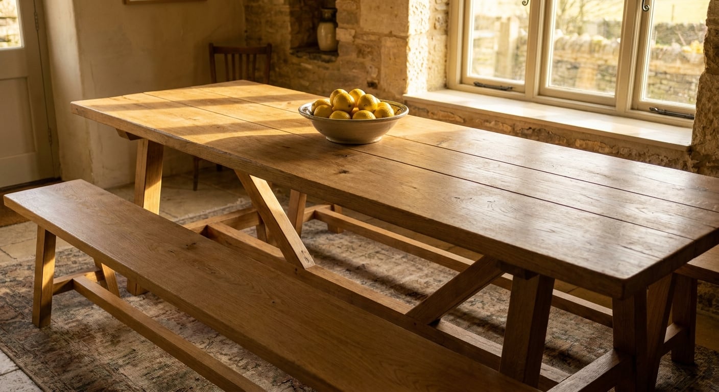Hero photograph of a custom solid-white-oak dining bench along a long reclaimed plank table — hand-planed top, timber legs, a bowl of fresh lemons in the center, morning light, no people.

Documentary