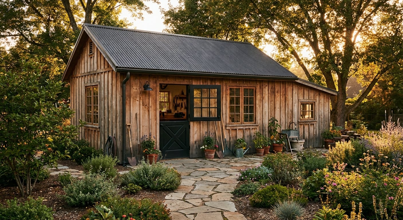Architectural photograph of a beautifully built backyard shed / workshop — cedar board-and-batten siding, a black metal roof, a black Dutch door open halfway, old-style windows, carefully landscaped y