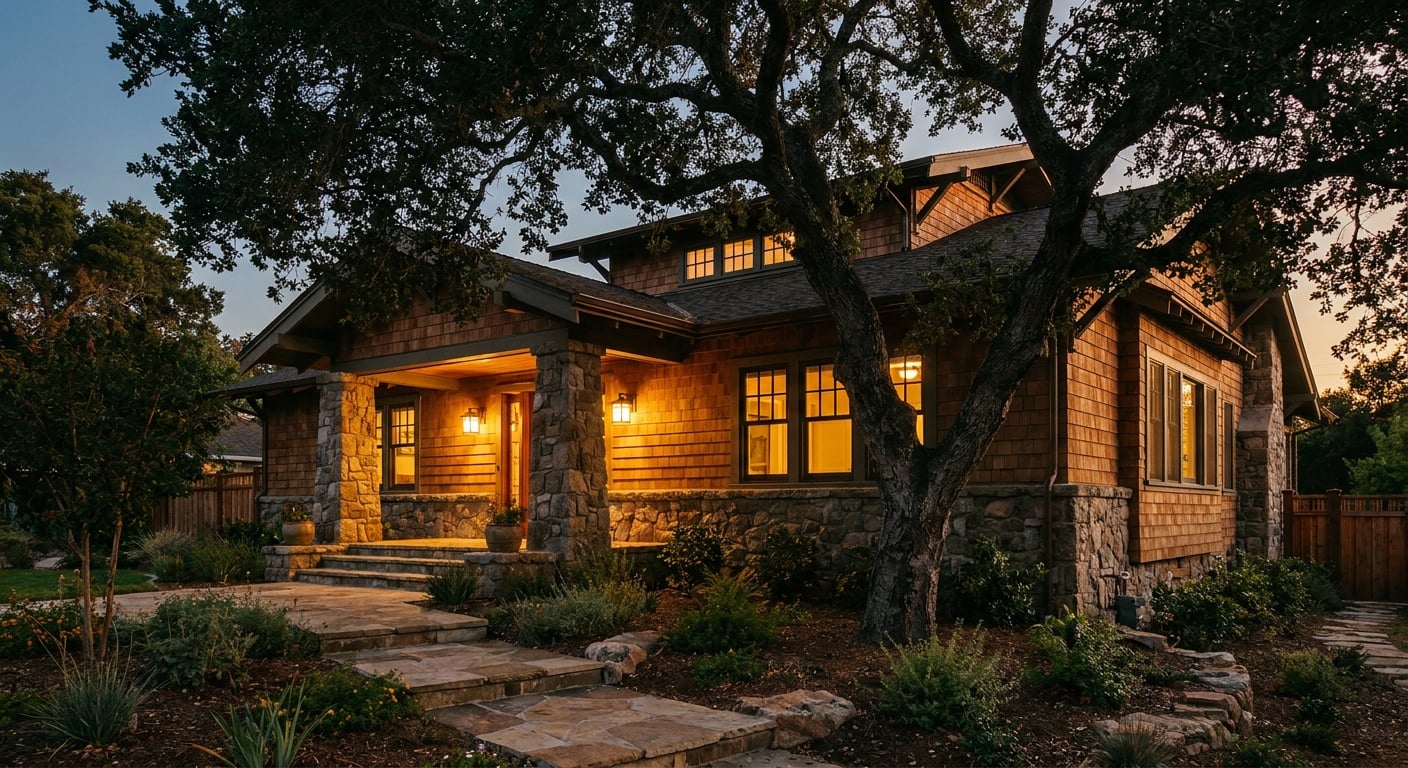 Architectural photograph of a finished Craftsman-style custom home exterior at dusk — warm porch lights on, stone base, cedar-shake siding, mature oak tree in the yard, landscaped walkway, atmospheric