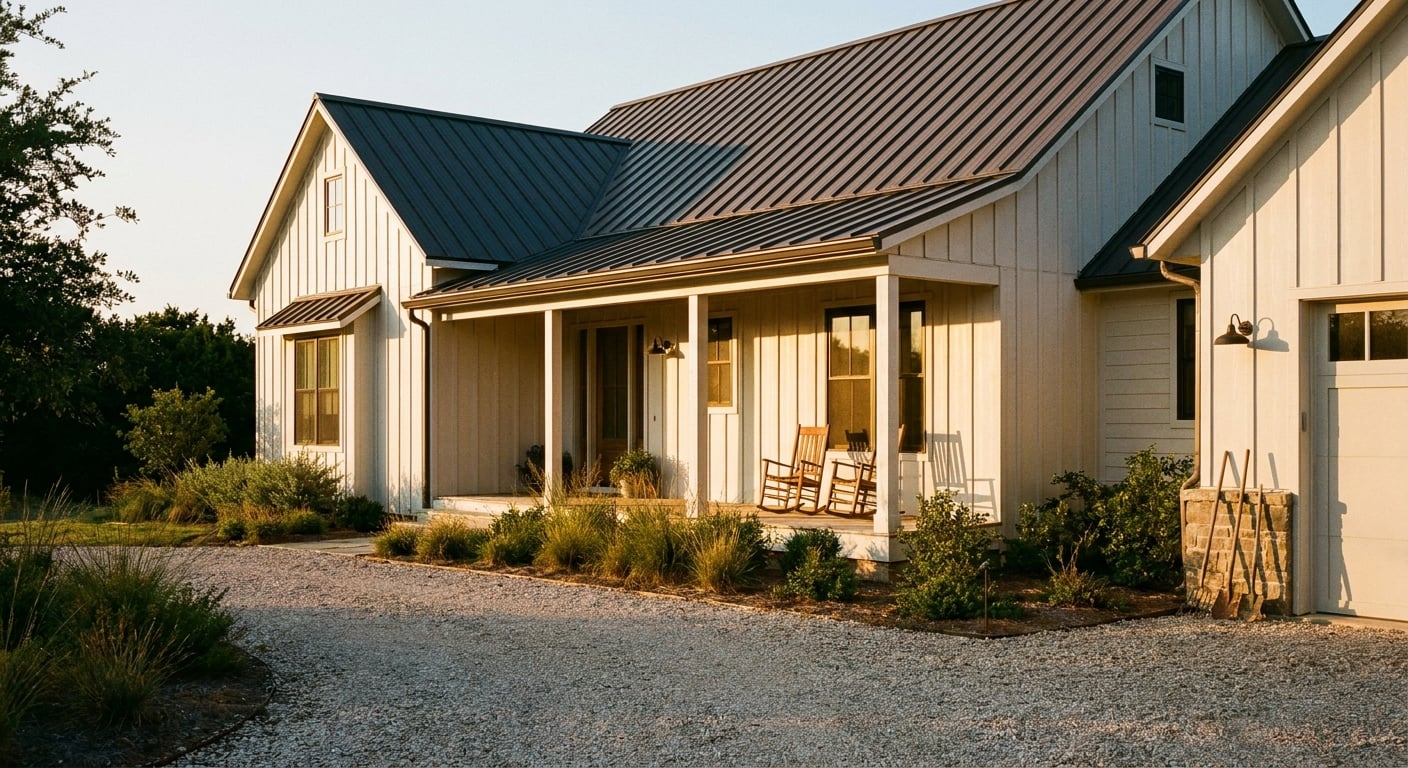 Architectural photograph of a finished modern farmhouse at golden hour — board-and-batten siding painted soft white, a standing-seam black metal roof, a covered front porch with two rocking chairs, si