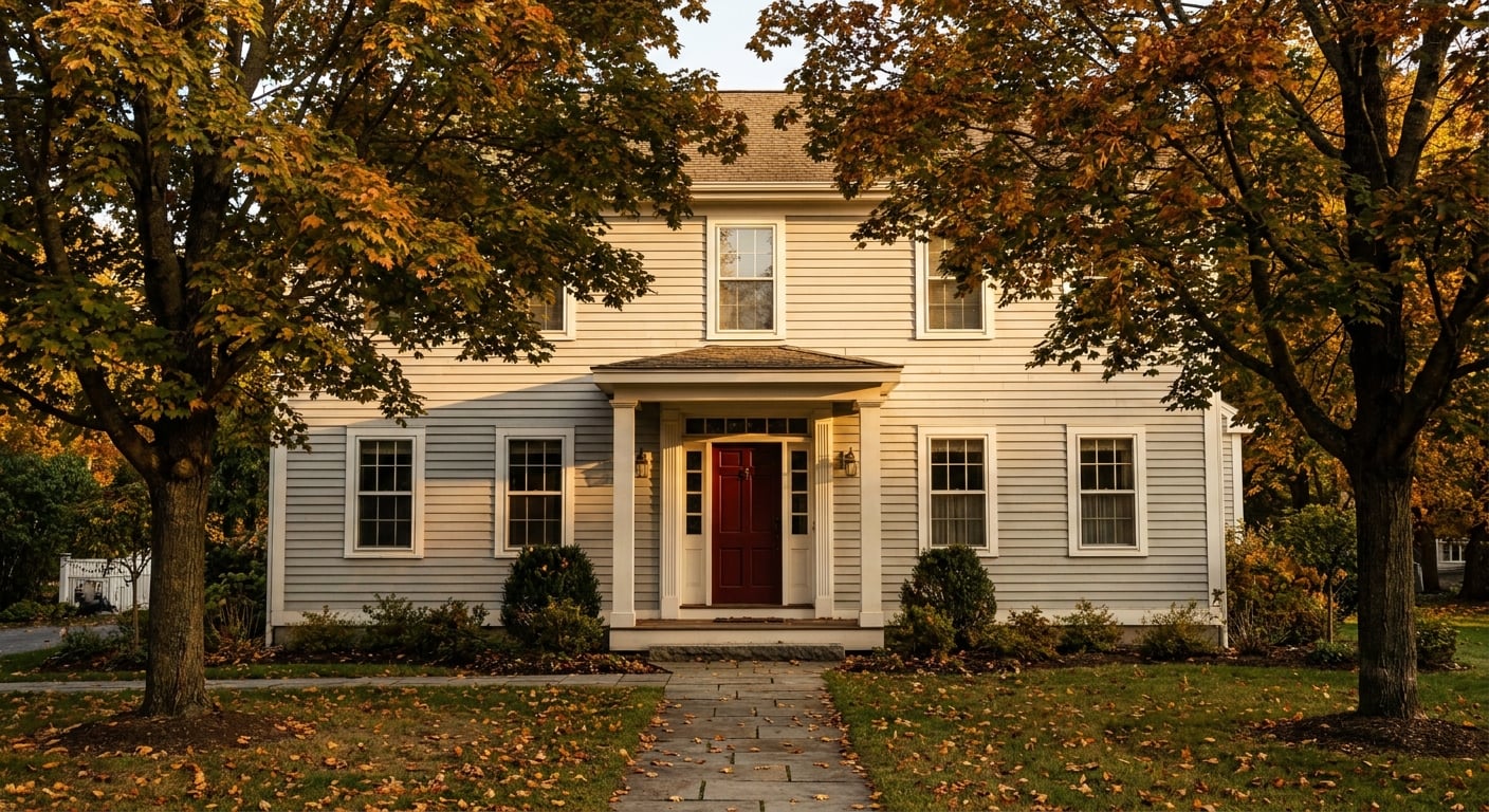 Architectural photograph of a finished classic New England clapboard two-story home in early autumn — painted pale grey, white trim, a red door, mature maples just beginning to turn, stone walkway, no