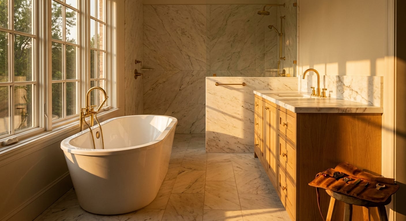 Hero architectural photograph of a tastefully finished primary bathroom — marble tile, custom vanity in natural-finish white oak, polished brass fixtures, freestanding tub, warm morning light through 