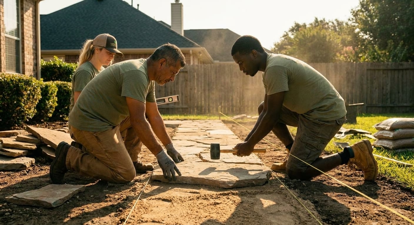 Using the reference image — preserve every person's face, hair, skin tone, and build. This is a photograph of real working tradespeople on a residential site. Same three-person landscaping crew from t